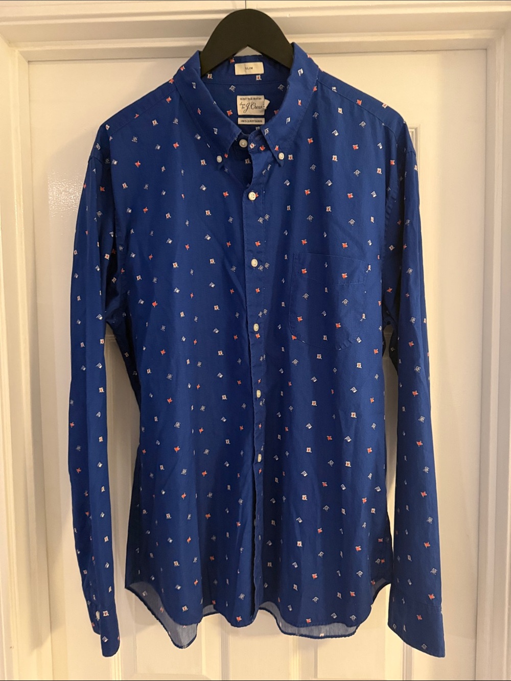 J. Crew Blue Button-Down Shirt with Red & White Micro Motifs